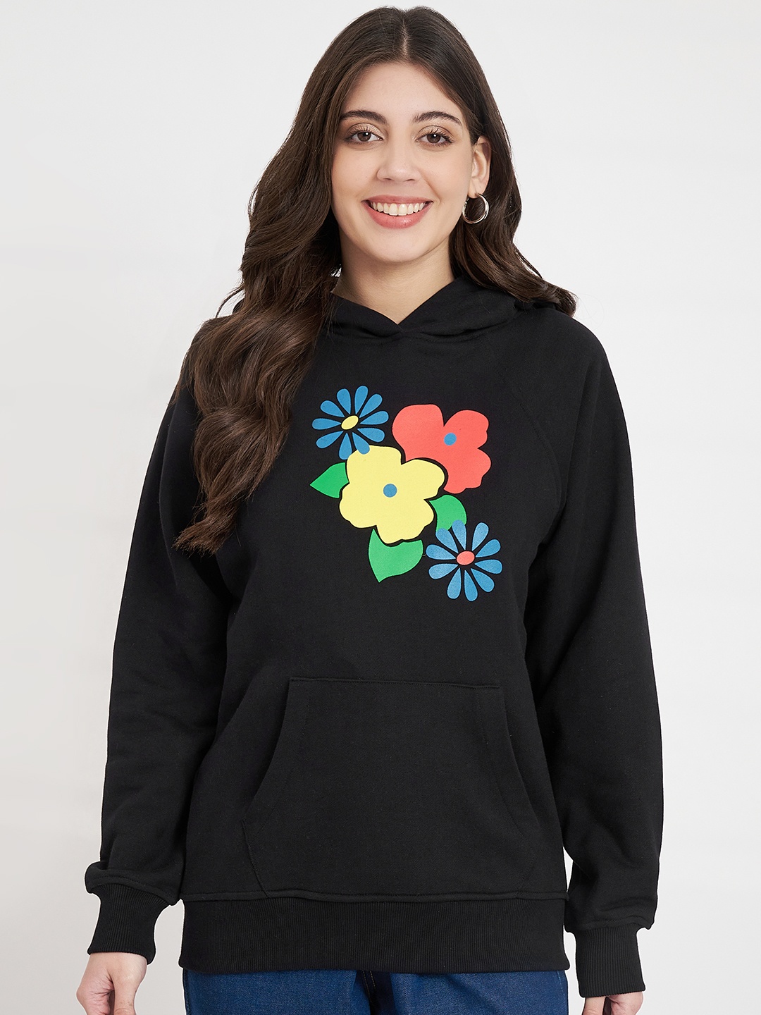 

CHARMGAL Floral Printed Hooded Cotton Pullover Sweatshirt, Black