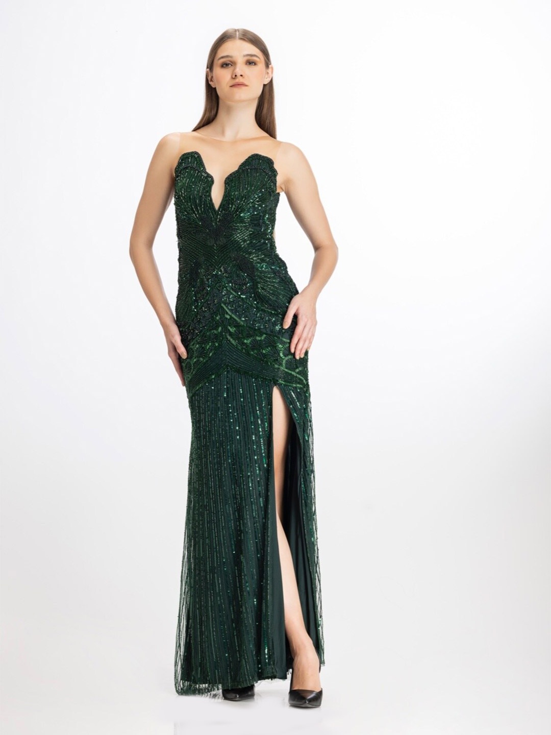 

BHAWNA RAO Embellished Off Shoulder Net Maxi Dress, Green