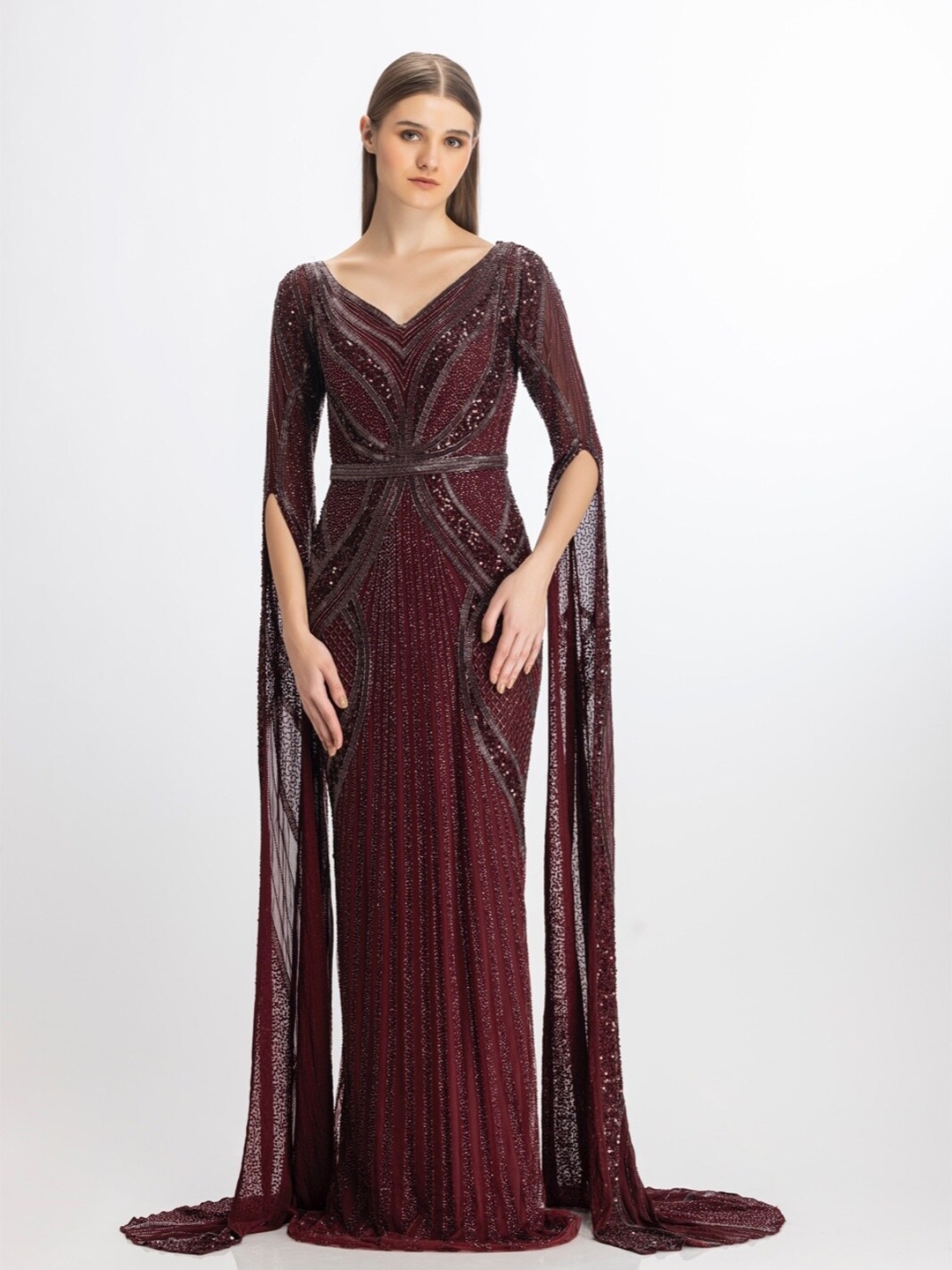 

BHAWNA RAO Embellished V-Neck Flared Sleeves Net Maxi Dress, Burgundy