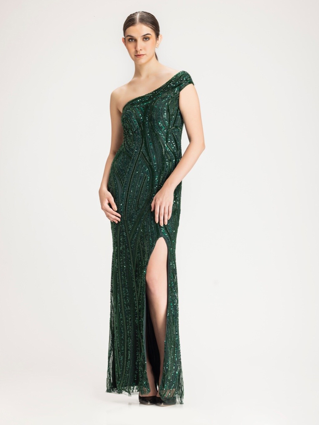 

BHAWNA RAO Embellished One Shoulder Net Maxi Dress, Green