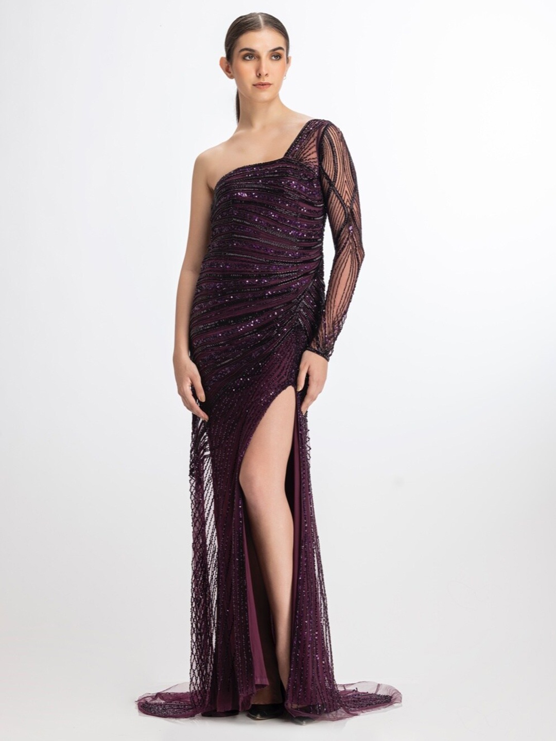 

BHAWNA RAO Embellished One Shoulder Maxi Net Dress, Burgundy