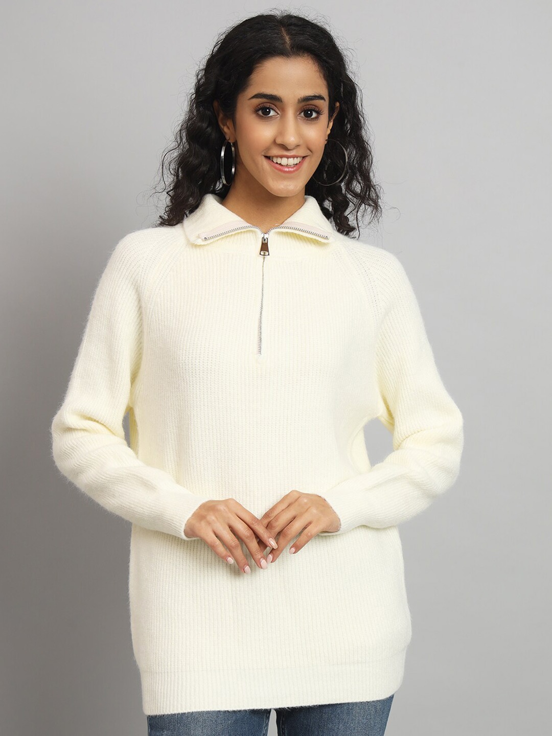 

BROOWL Ribbed Shirt Collar Woolen Pullover Sweater, Cream