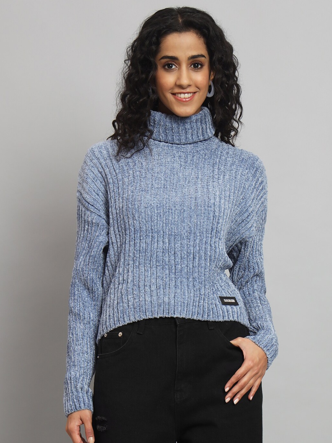 

BROOWL Striped Drop Shoulder Sleeves Wool Sweater, Teal