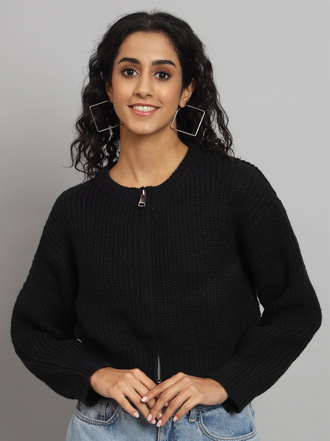 

BROOWL Black Self Design Woollen Cardigan