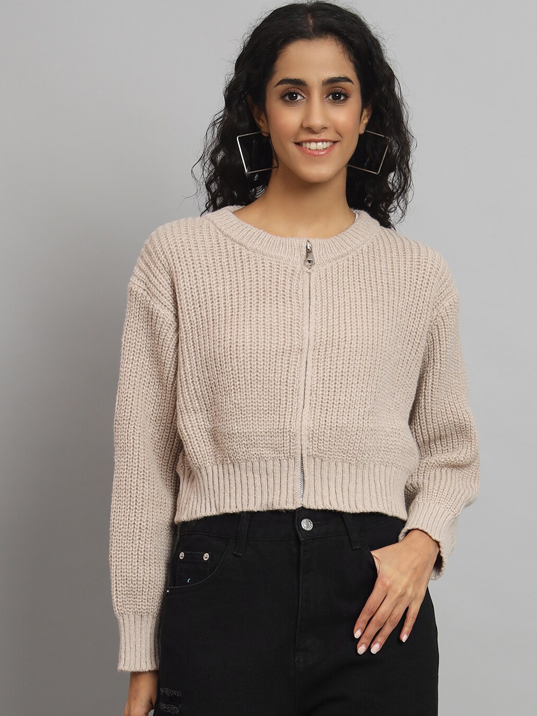 

BROOWL Ribbed Woollen Front-Open Sweaters, Beige