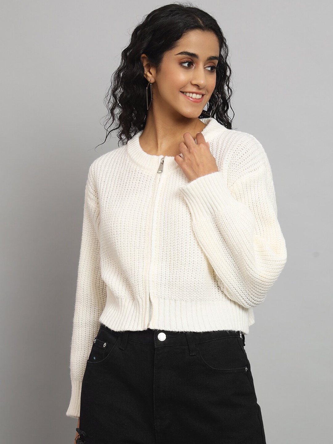 

BROOWL Ribbed Woolen Front Open Sweater, Cream