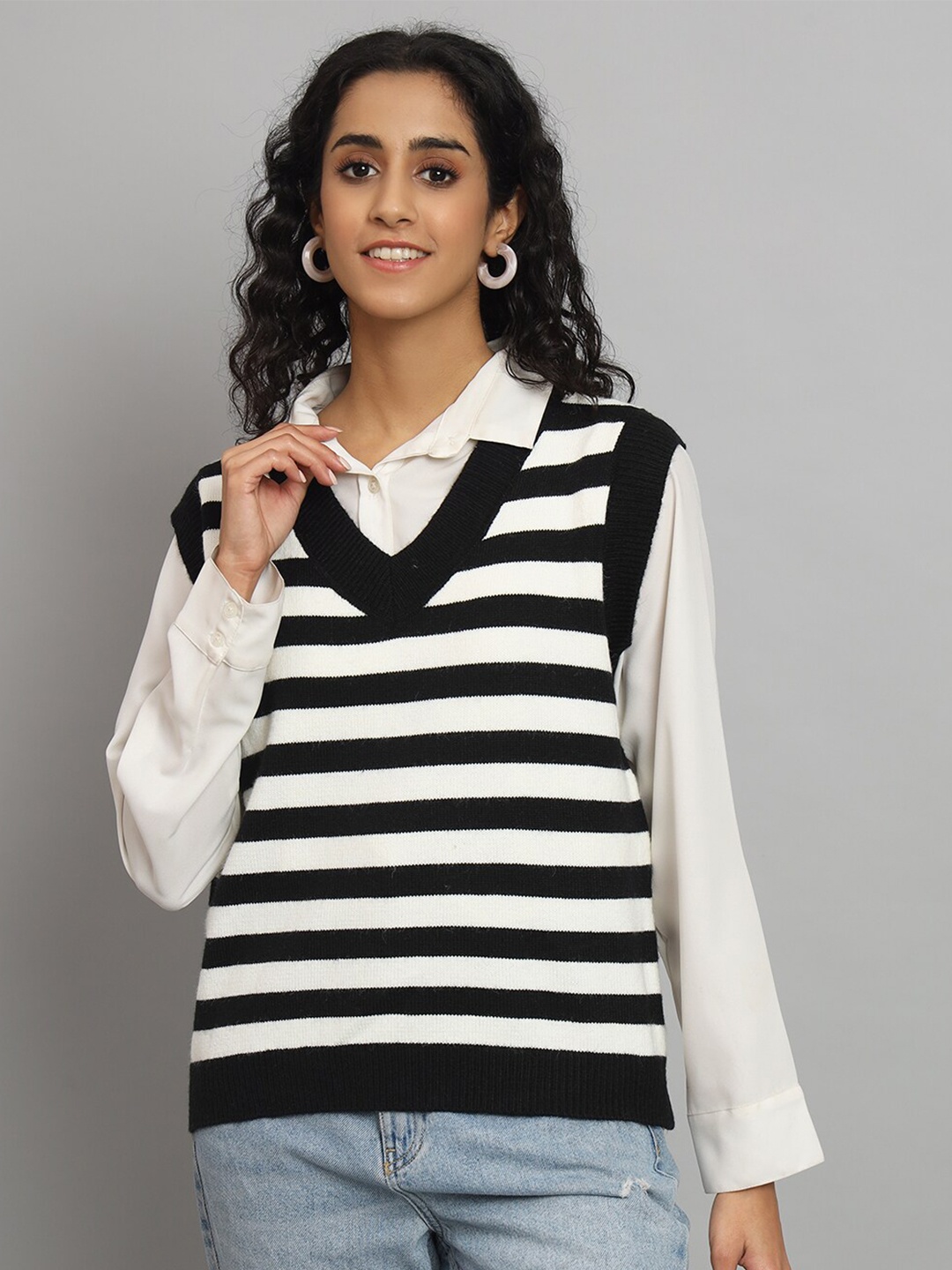 

BROOWL Striped Sleeveless Wool Sweater Vest, Black