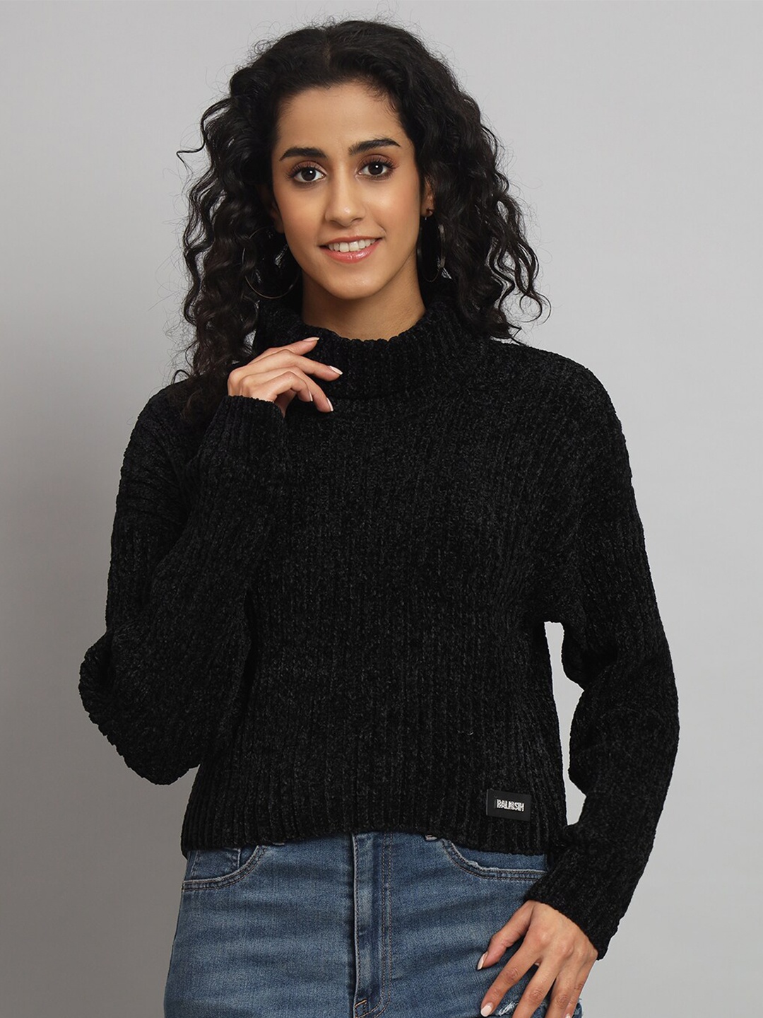 

BROOWL Ribbed Turtle Neck Woollen Pullover, Black