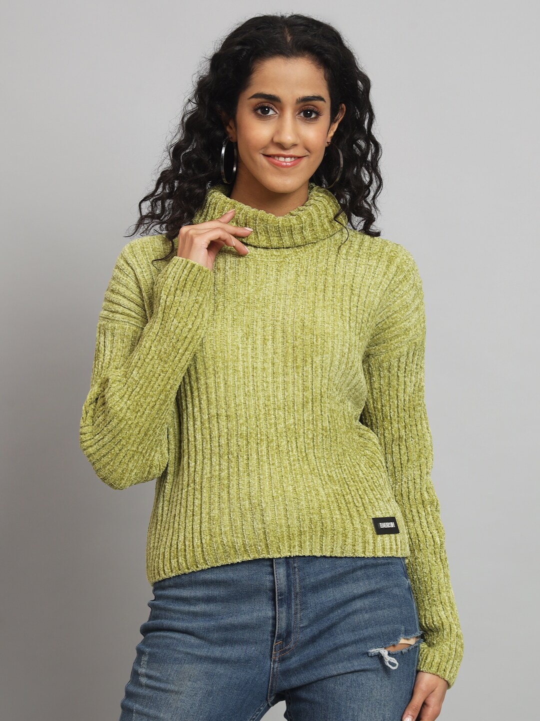 

BROOWL Ribbed Turtle Neck Woollen Pullover, Green