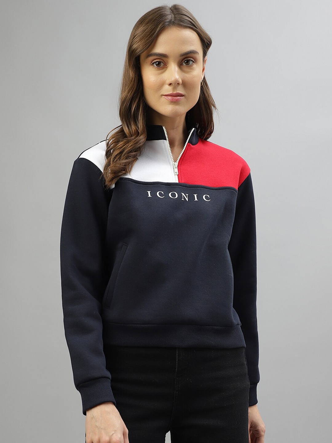 

Iconic Colourblocked Mock Collar Pullover Sweatshirt, Navy blue