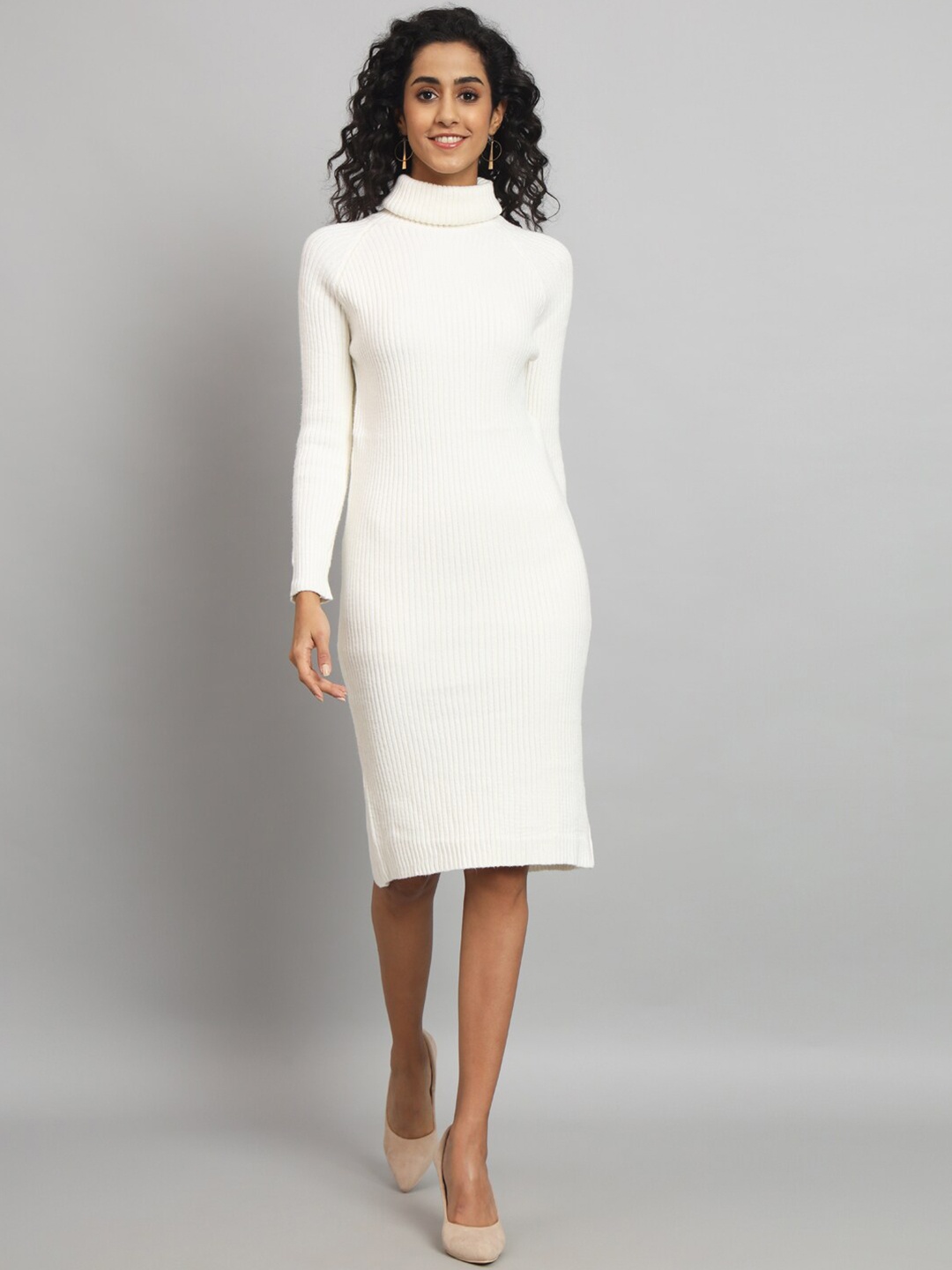

BROOWL Ribbed High Neck Long Sleeves Woollen Jumper Dress, White