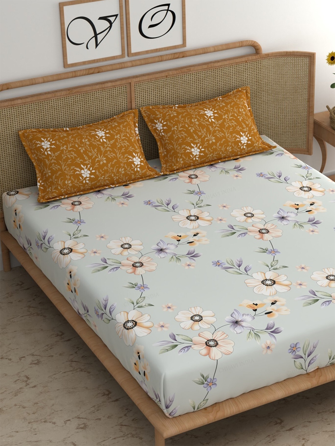 

CHHAVI INDIA Blue & Mustard Floral Cotton 210 TC Double King Bedsheet & 2 Pillow Covers