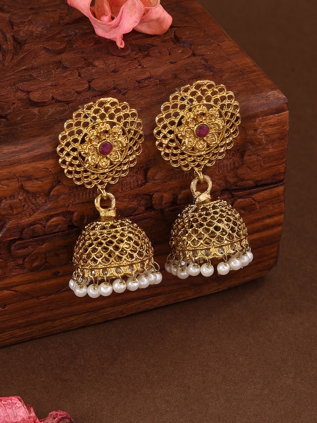 

Fida Gold Plated Artificial Stones and Beads Studded Jhumkas