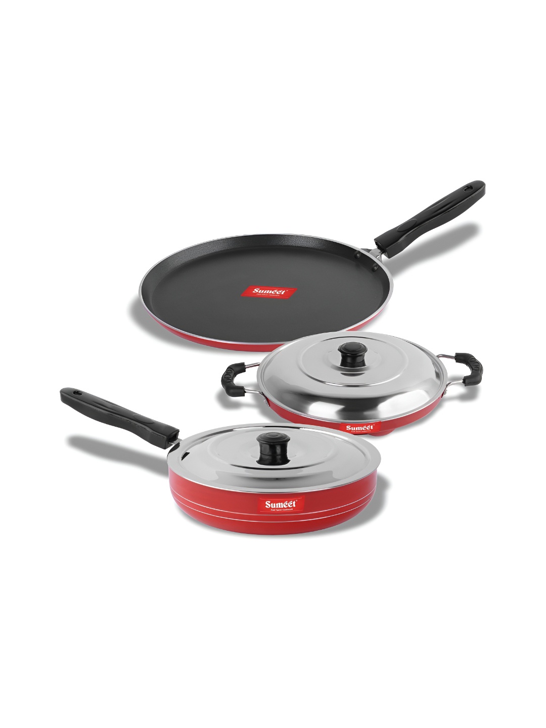 

Sumeet Red & Black 3 Pieces Aluminium Dishwasher Safe Cookware Set