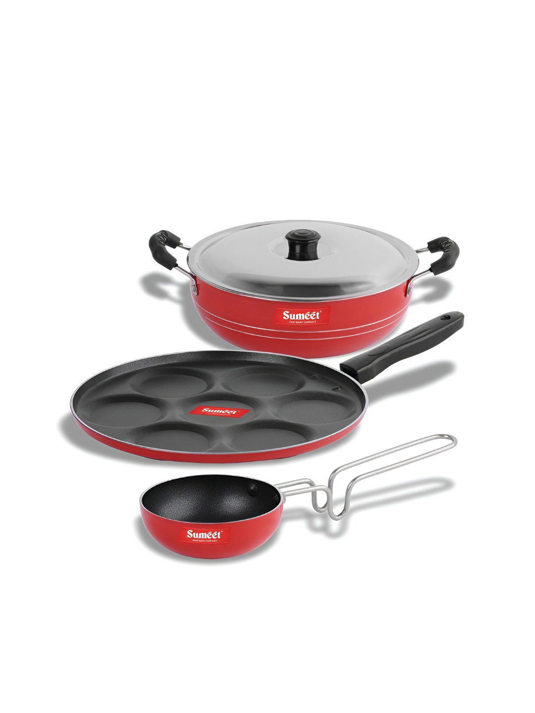

Sumeet Red & Black Aluminium Dishwasher Safe 3Pcs Cookware Set