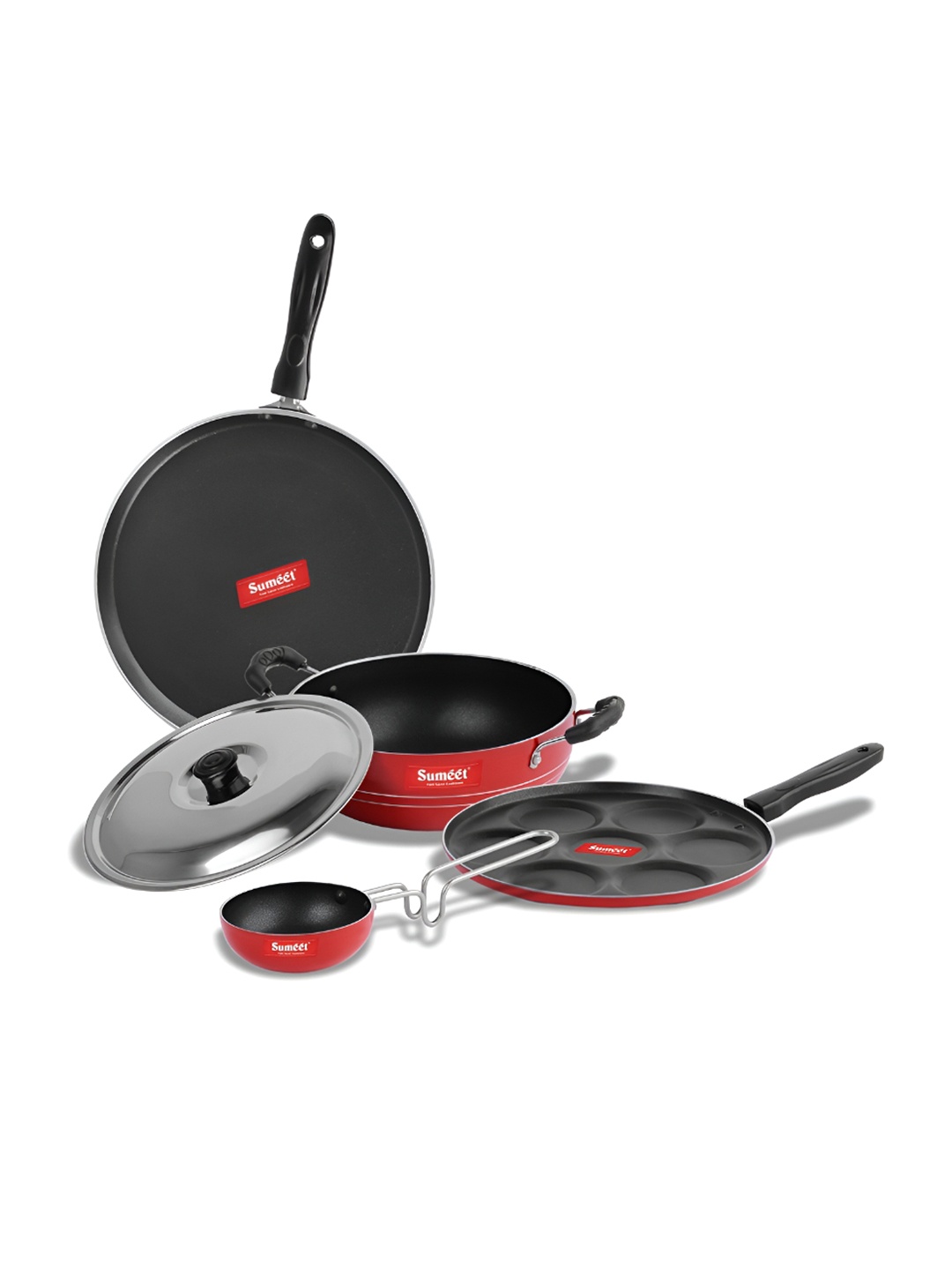 

Sumeet Ronga Red & Black 4 Pieces Aluminium Non Stick Dishwasher Safe Cookware Set