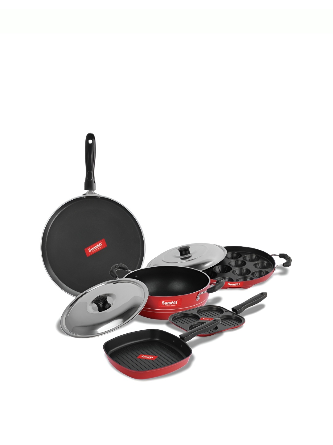 

Sumeet Dearg Red & Black 5 Pieces Aluminium Dishwasher Safe Non Stick Cookware Set