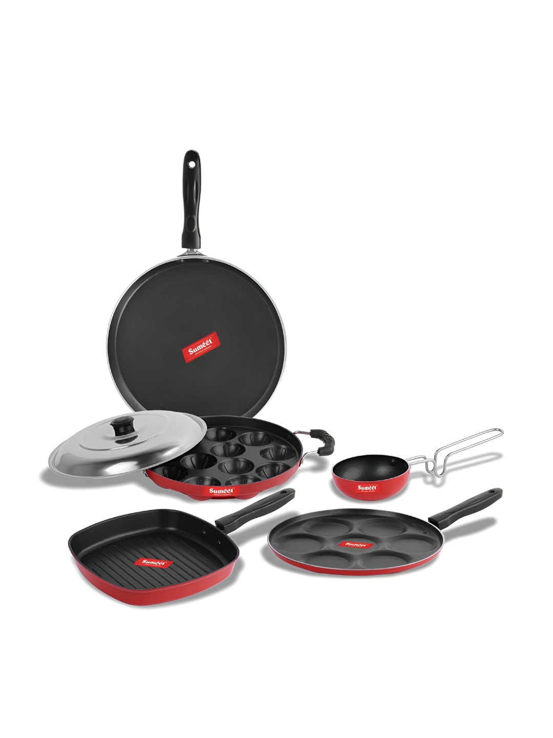 

Sumeet Red & Black 6 Pieces Aluminium Dishwasher Safe Cookware Set