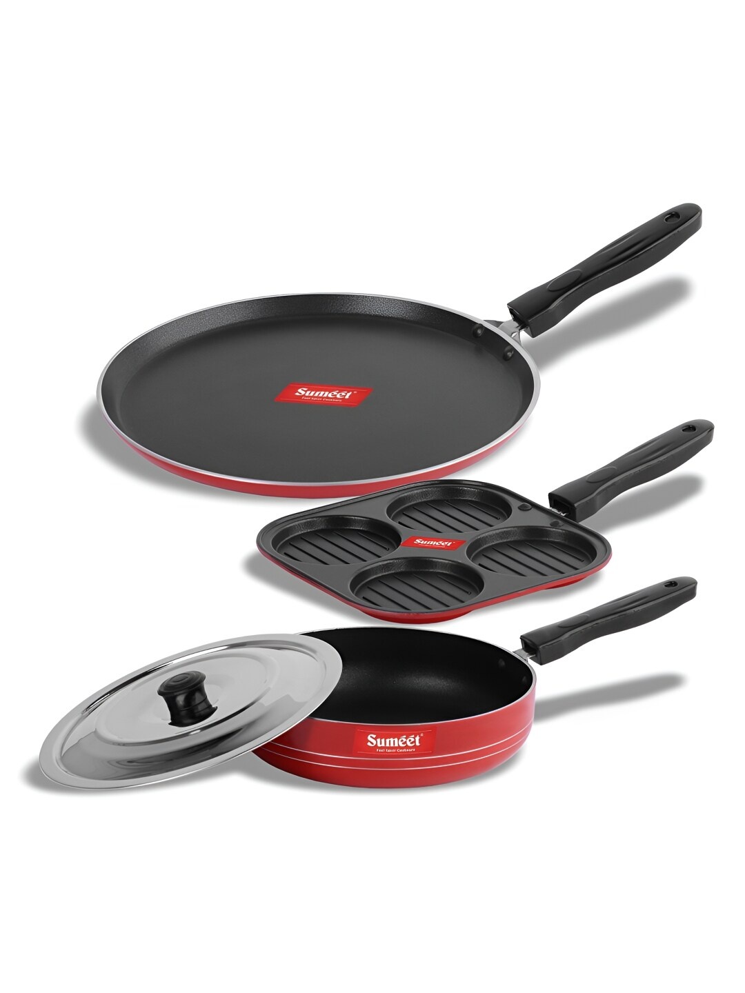 

Sumeet Redina Red & Black 3 Pieces Aluminium Non stick Dishwasher Safe Cookware Set