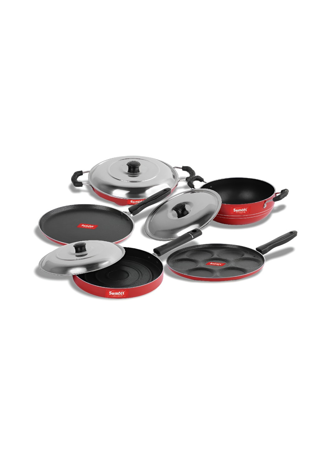 

Sumeet Red 8 Pieces Aluminium Dishwasher Safe Cookware Set