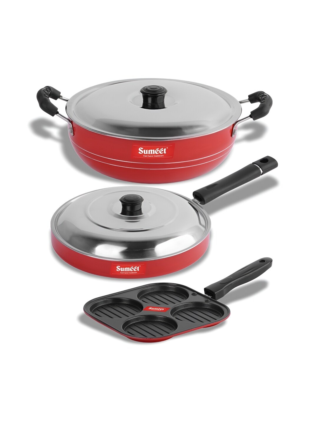 

Sumeet Red & Black 3 Pieces Aluminium Dishwasher Safe Cookware Set