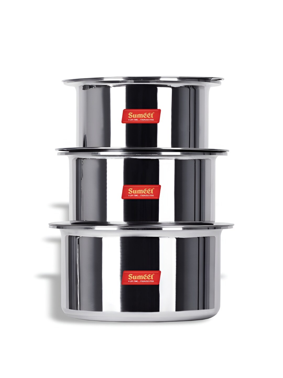 

Sumeet Silver Toned Stainless Steal Dishwasher Safe 3pc Cookware Tope Set With Lids