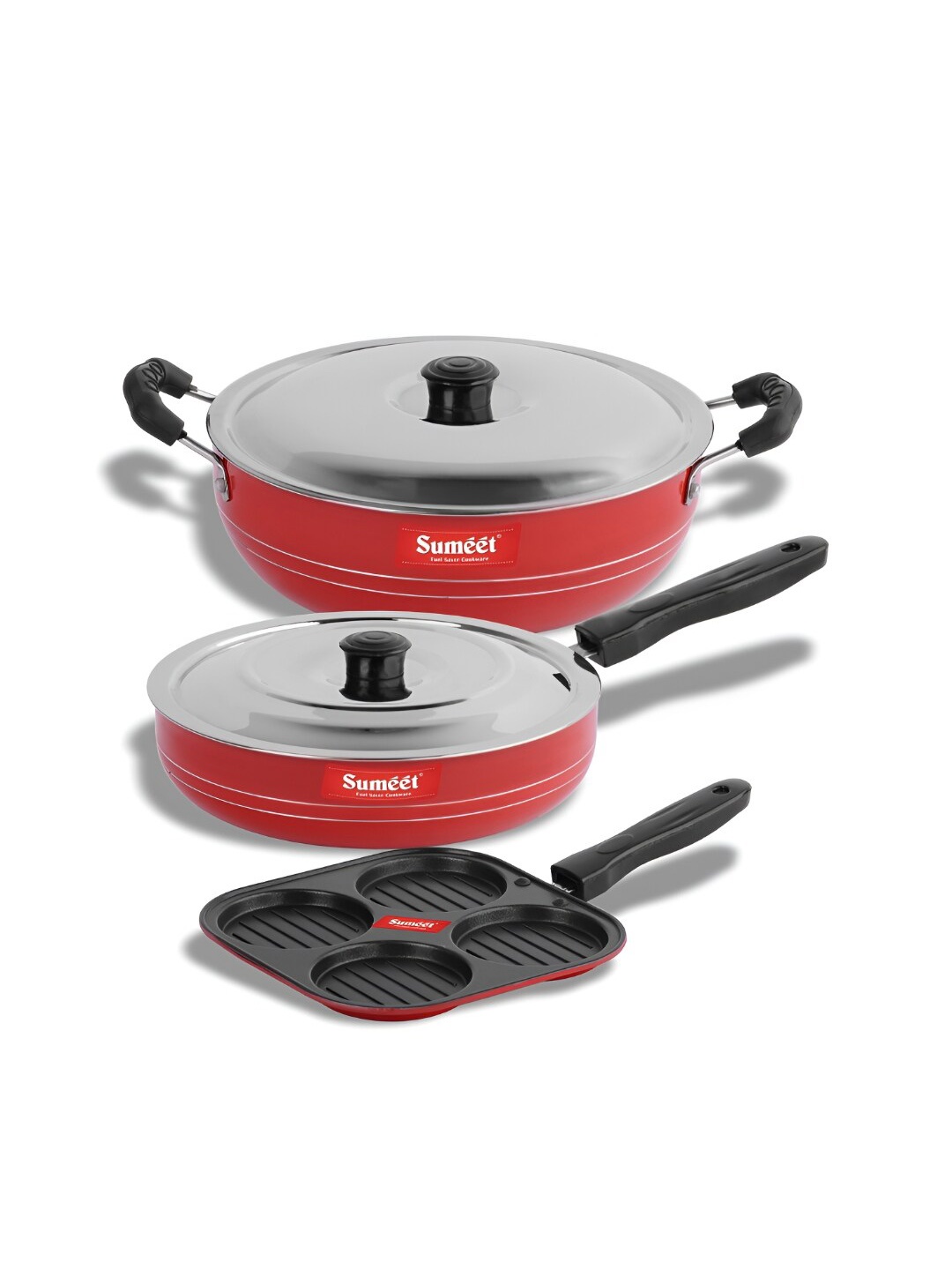 

Sumeet Red & Black 3 Pieces Aluminium Dishwasher Safe Cookware Set