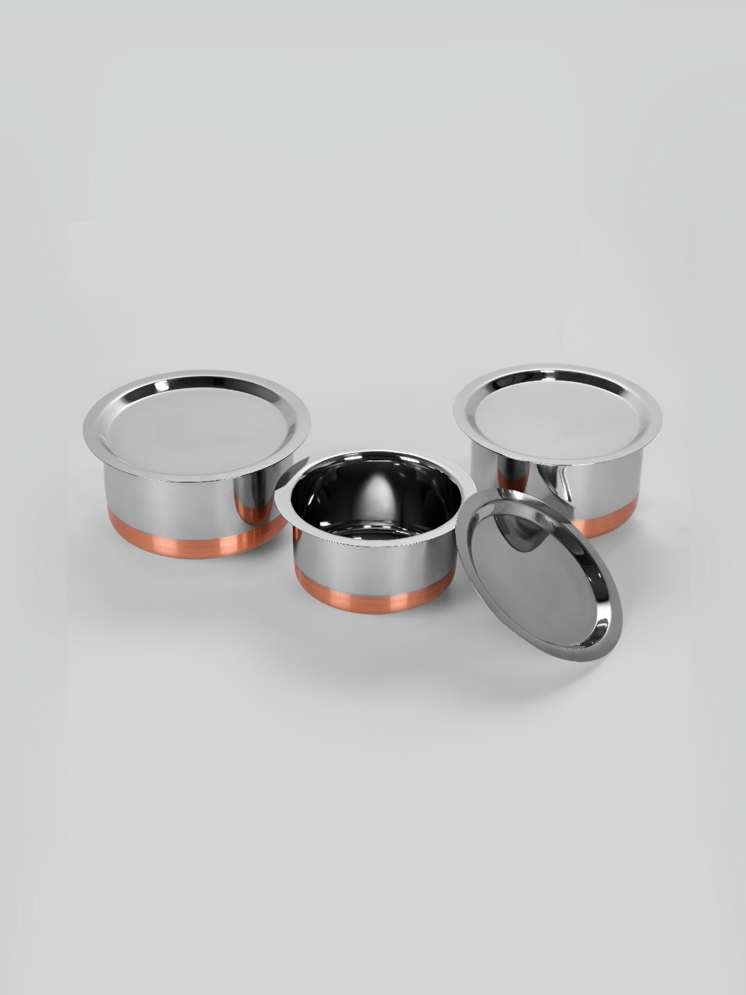

Sumeet Silver-Toned 3 Pieces Stainless Steel Dishwasher Safe Copper Bottom Cookware Set