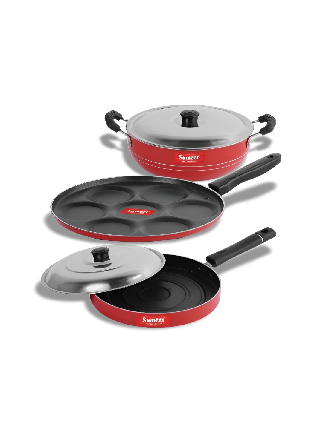 

Sumeet Red & Black 3 Pieces Aluminium Dishwasher Safe Cookware Set