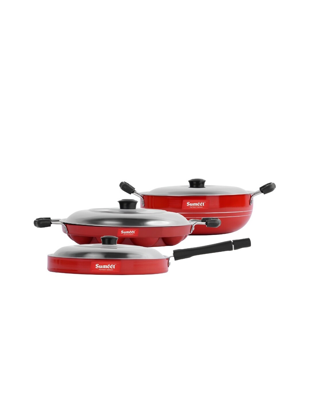 

Sumeet Red & Black 3 Pieces Aluminium Dishwasher Safe Cookware Set With Lids
