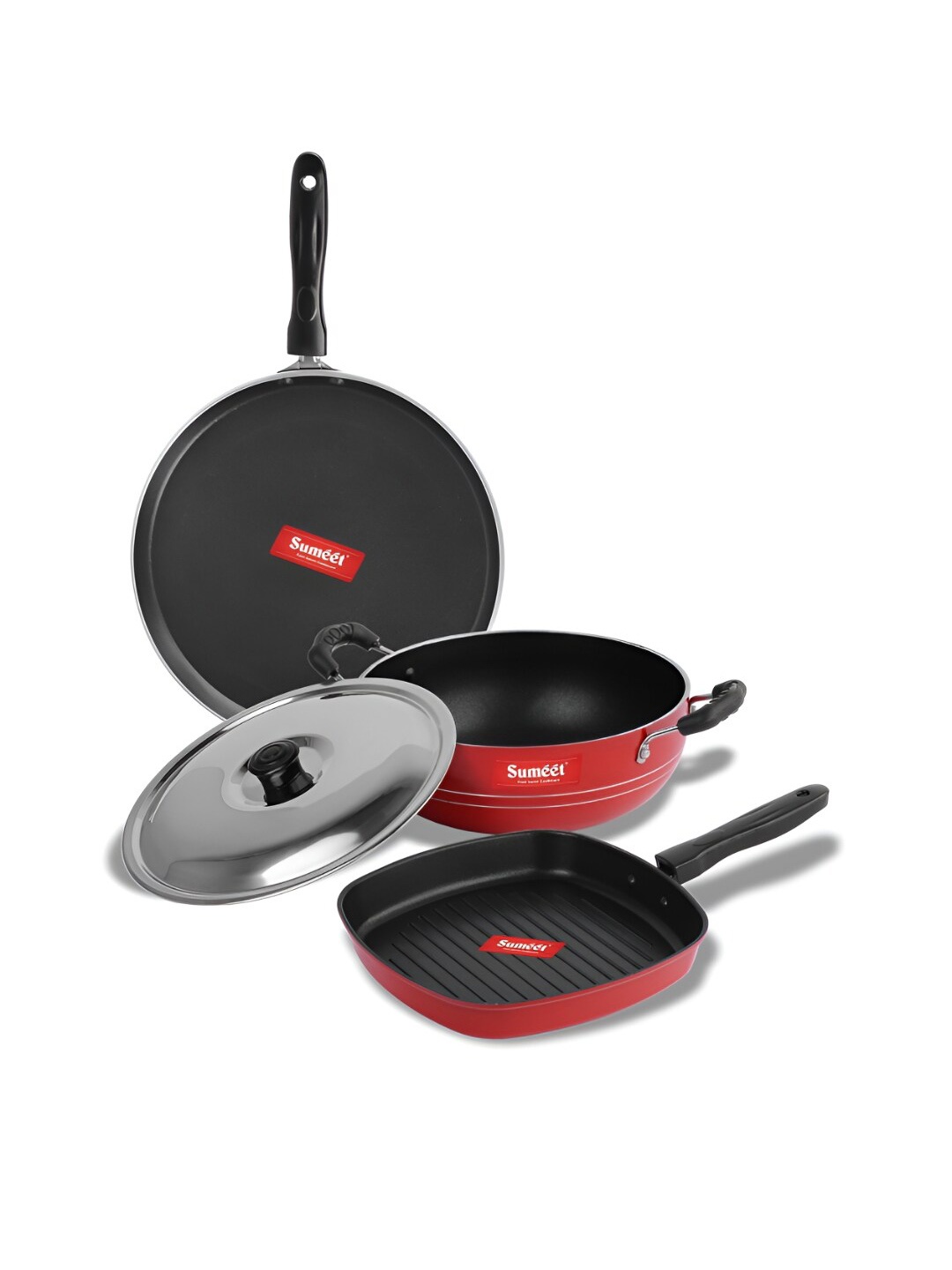 

Sumeet Red 4 Pieces Aluminium Dishwasher Safe Cookware Set