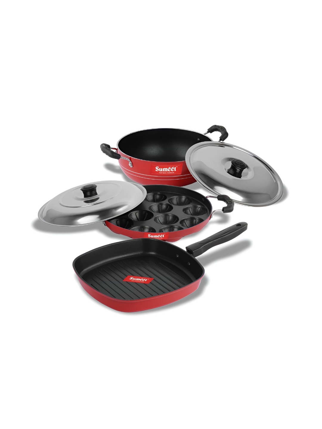 

Sumeet Red & Black 5 Pieces Aluminium Non Stick Cookware Set