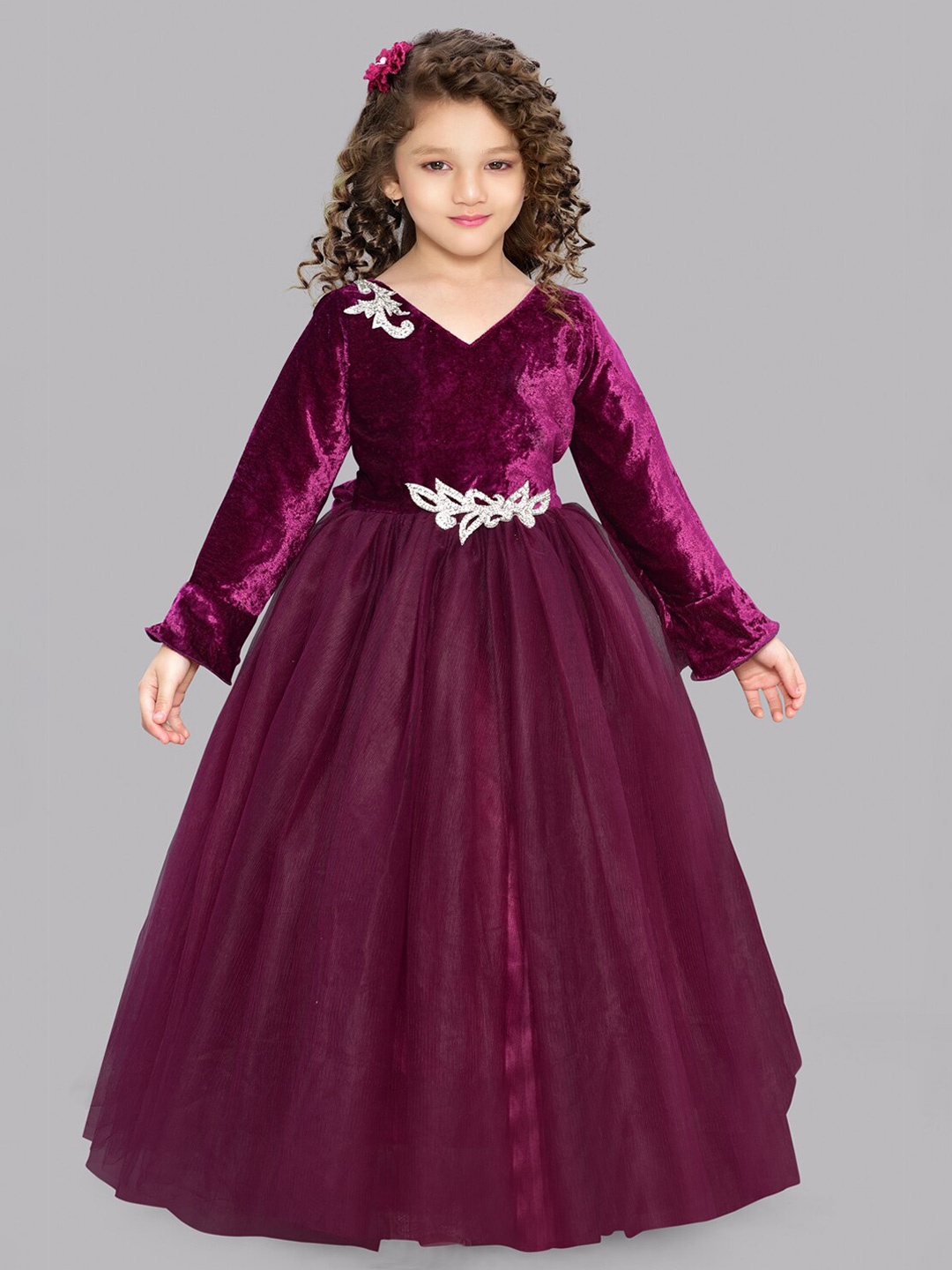 

Pink Chick Girls V-Neck Embellished Velvet Maxi Gown, Burgundy