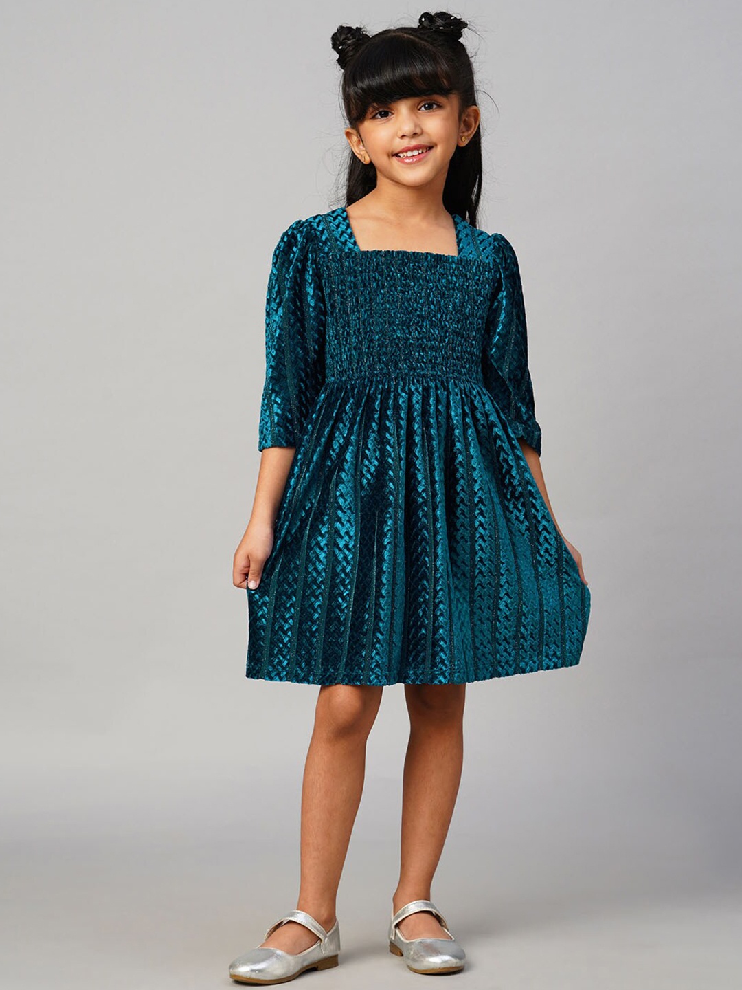 

LIL DRAMA Girls Self Design Square Neck Fit & Flare Dress, Teal