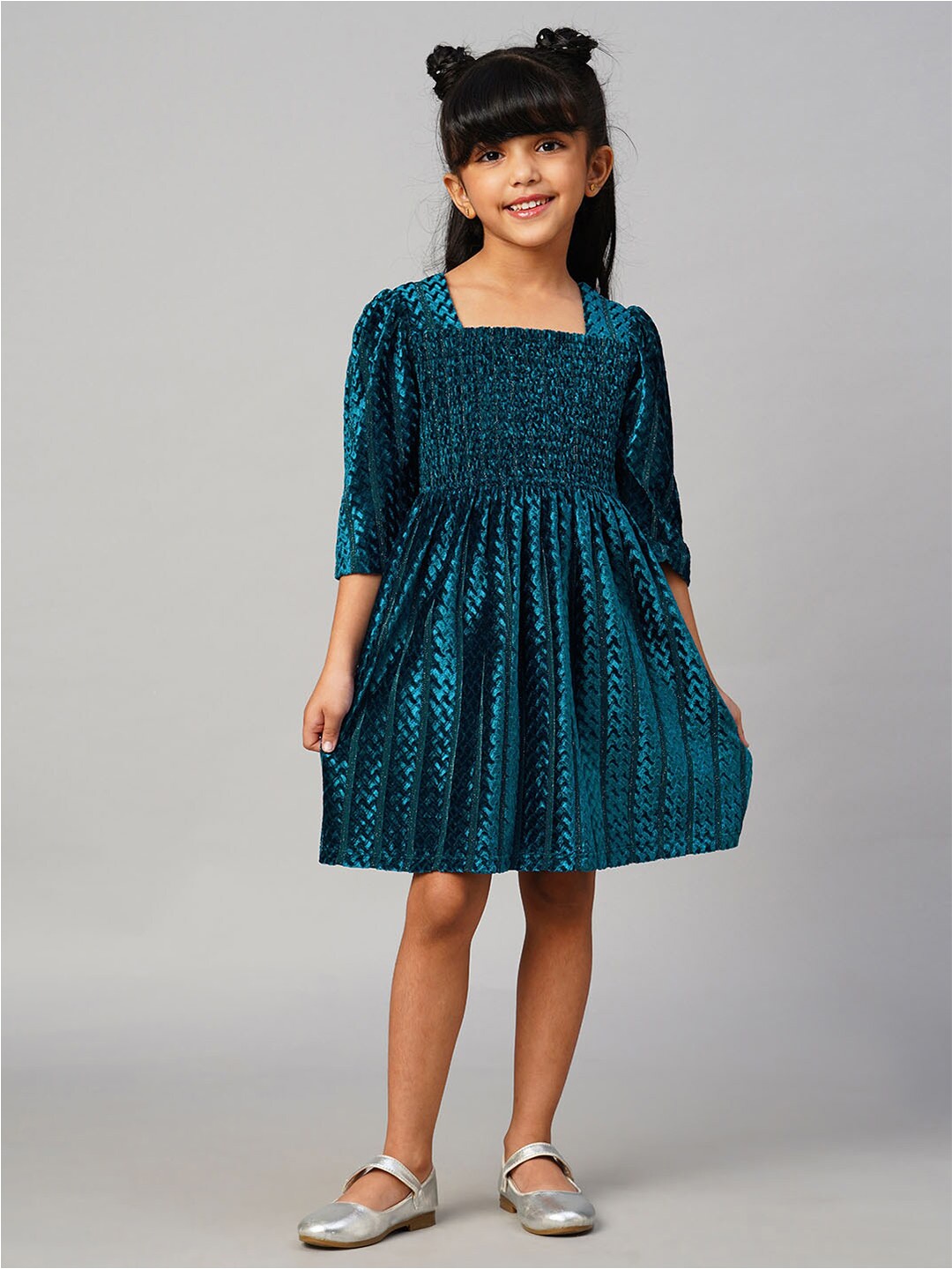 

LIL DRAMA Geometric Printed Square Neck Velvet Fit and Flare Dress, Teal