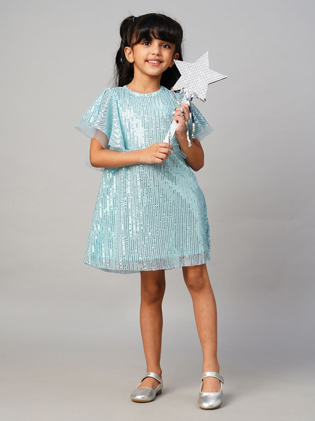 

LIL DRAMA Girls Embellished Flutter Sleeves Sequinned Cotton A-Line Dress, Blue