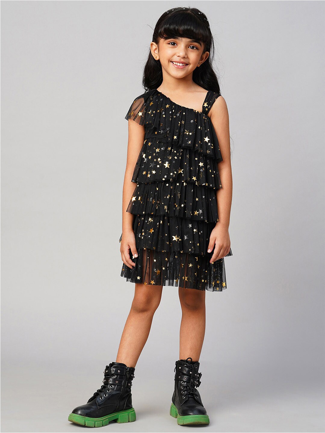 

LIL DRAMA Girls Embelished One Shoulder Layered A-Line Dress, Black