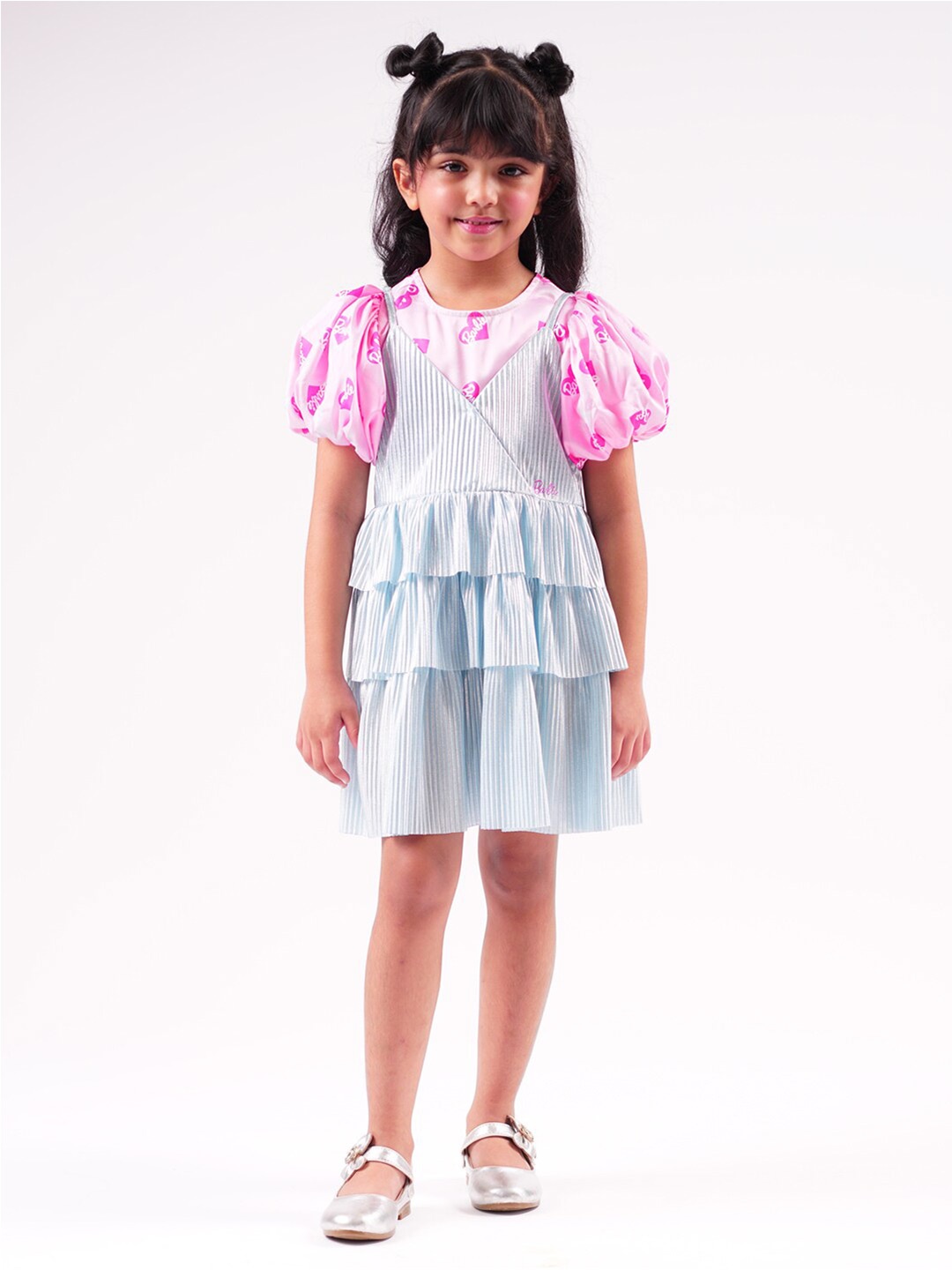 

LIL DRAMA Girls Barbie Printed Puff Sleeves Tiered Pinafore Dress, Blue