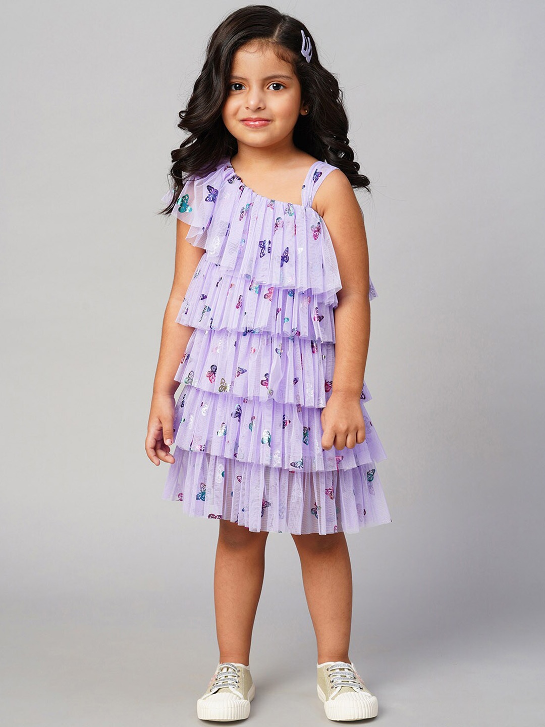 

LIL DRAMA Girls Conversational Printed Asymmetric Neck Tiered Ruffles Dress, Lavender
