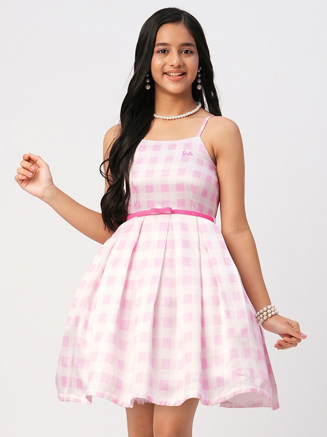 

LIL DRAMA Girls Checked Shoulder Straps Cotton Fit and Flare Dress, Pink