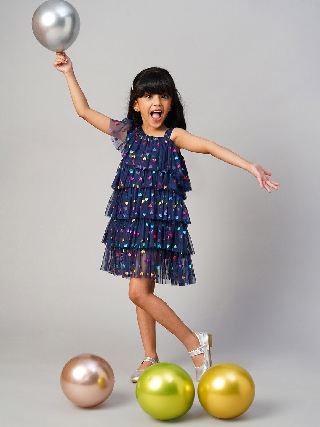 

LIL DRAMA Girls Conversational Printed Shoulder Straps Layered Tiered A-Line Dress, Navy blue