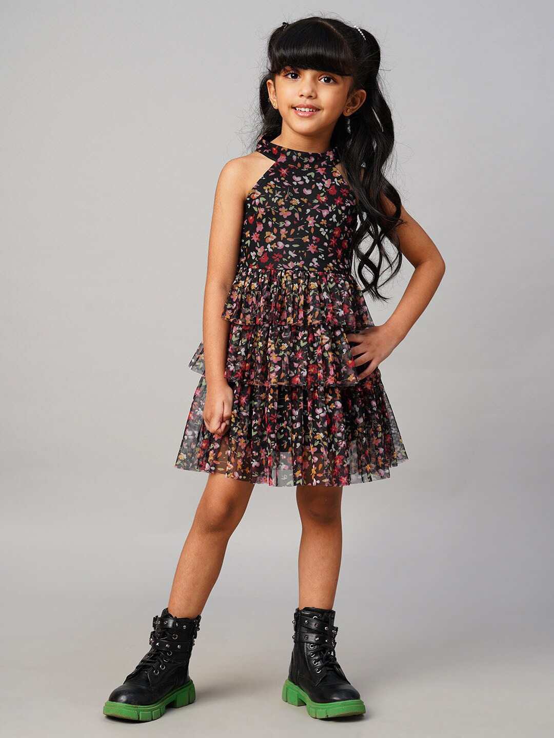 

LIL DRAMA Girls Floral Printed Fit & Flare Dress, Black