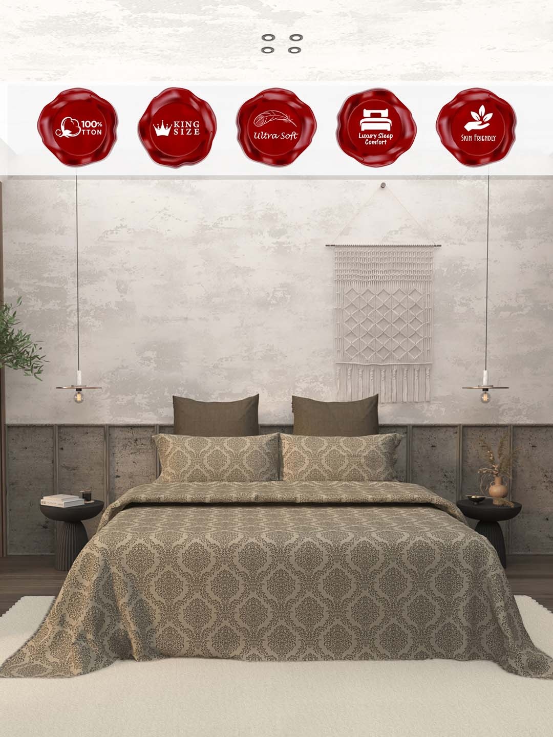 

LABHAM Earthen Gold-Toned Floral 200 TC King Bedsheet with 2 Pillow Covers