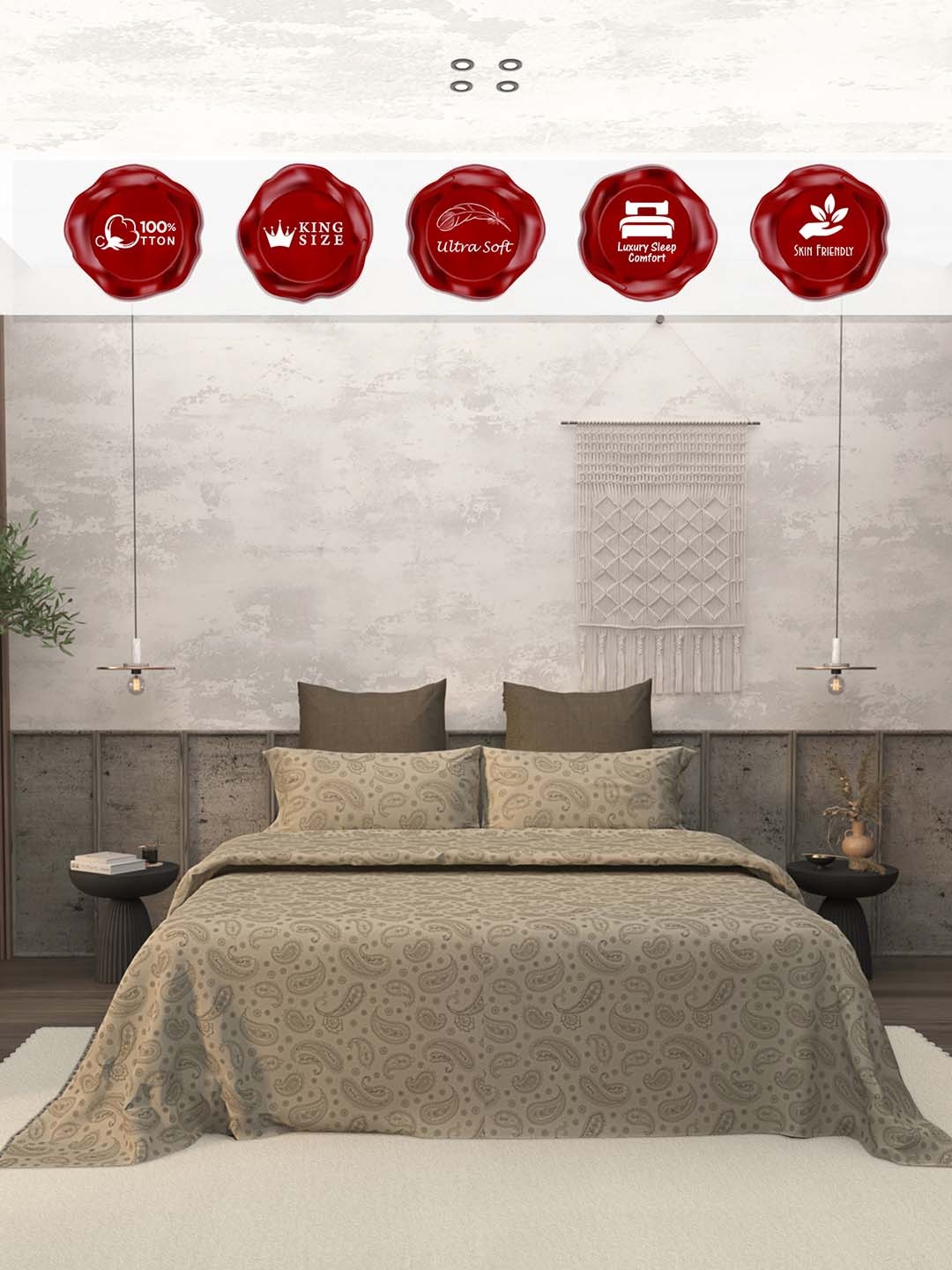 

LABHAM Brown Ethnic Motifs 200 TC Super King Bedsheet with 2 Pillow Covers