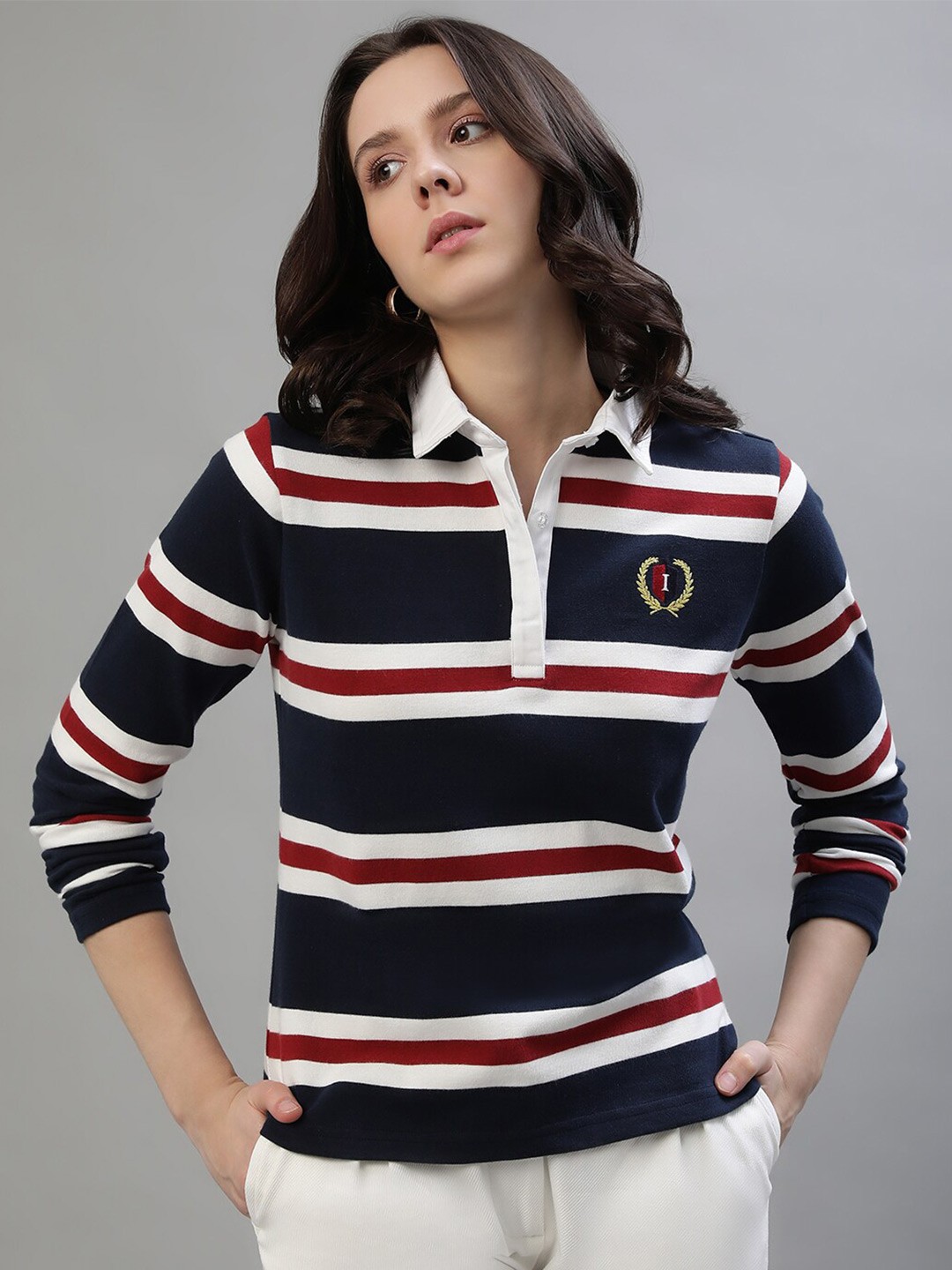

Iconic Striped Polo Collar Pure Cotton T-shirt, Navy blue