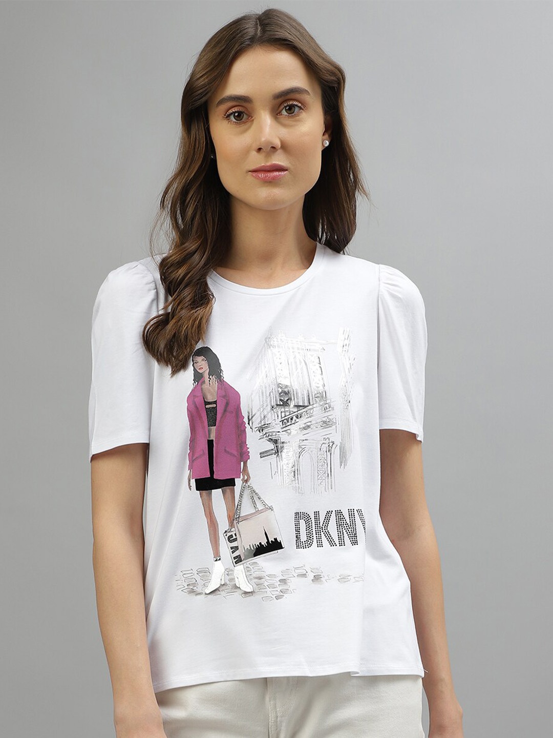 

DKNY Graphic Printed Round Neck Cotton Top, White
