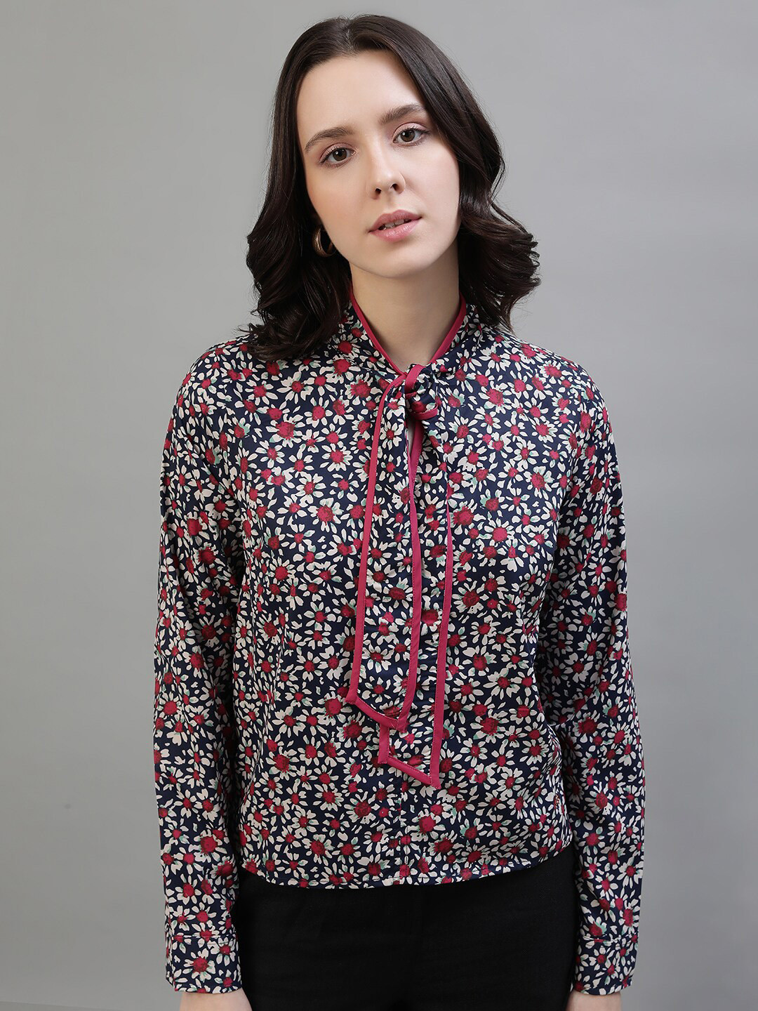 

Iconic Floral Printed Tie-Up Neck Shirt Style Top, Navy blue