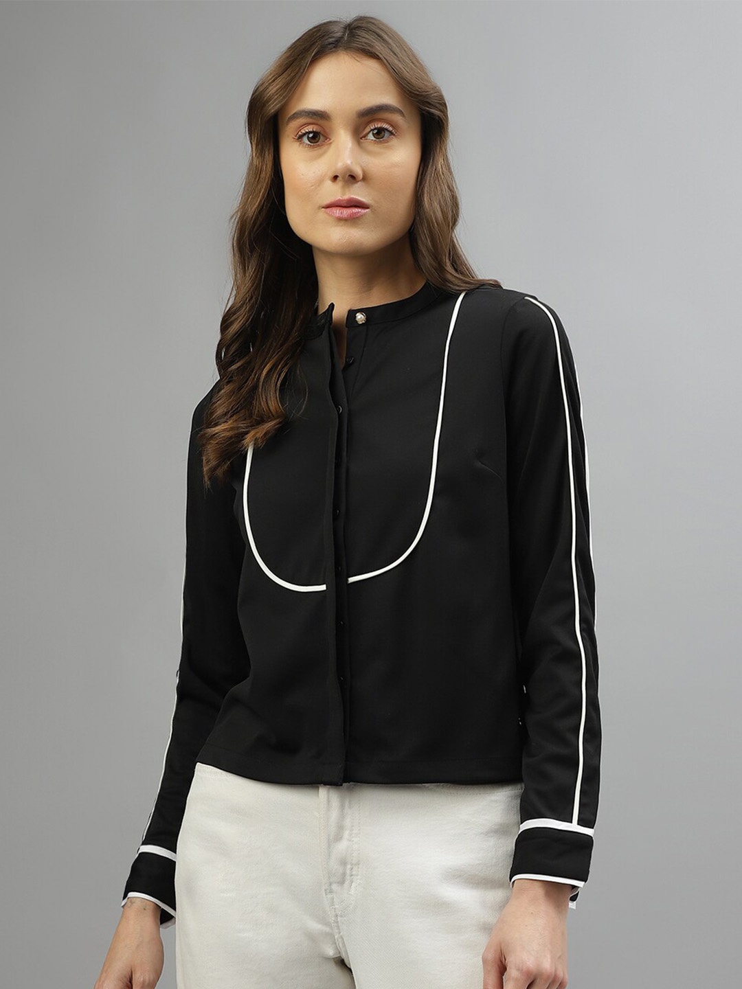 

Iconic Mandarin Collar Cuffed Sleeves Top, Black