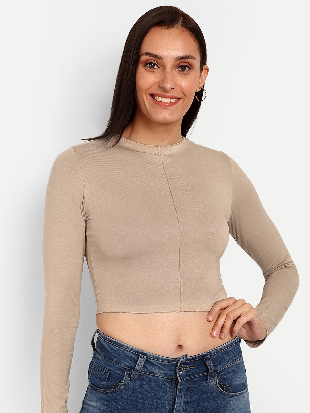 

Espresso Long Sleeves Crop Fitted Top, Camel brown