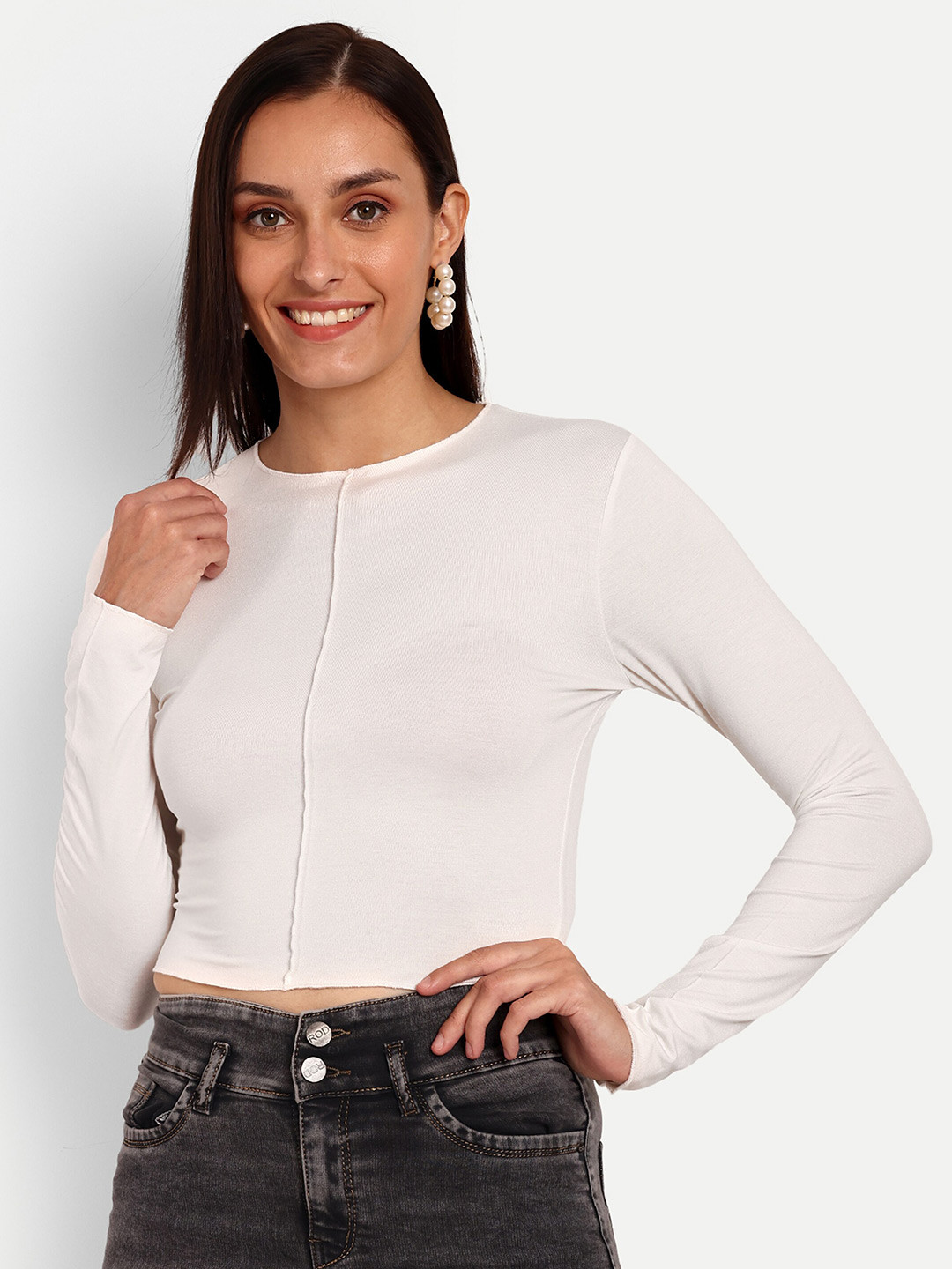 

Espresso Round Neck Fitted Crop Top, Off white